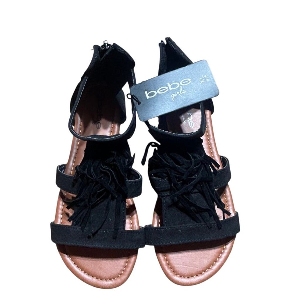 BEBE Girls sz xl 4-5 black fringe strappy flat sandals w/tan soles